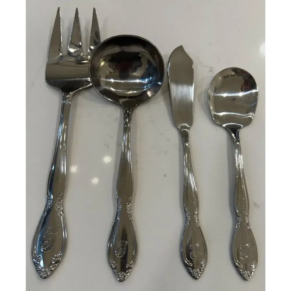 Vtg 4 Pc Serving Utensils “T” Monogram Custom Made Floral Stainless Flatware EUC